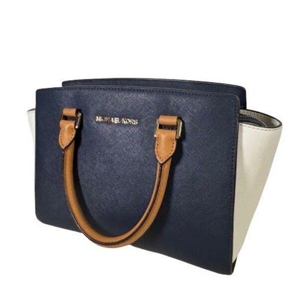 Michael Kors Selma Saffiano Leather Satchel Shoulder Bag Tricolor Navy White Tan - Picture 4 of 16